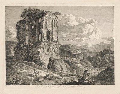 Landschaft mit antikem Grabmal, rechts Ziegen und ein Hirte, der auf einer Flöte spielt von Johann Christian Reinhart