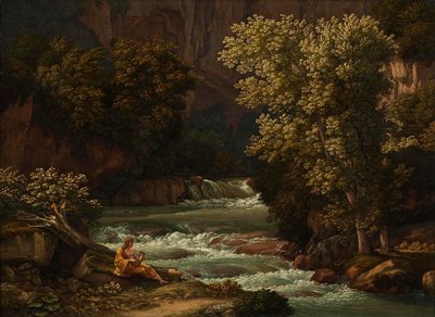Blick auf die Ponte Lupo bei Tivoli, mit einer Person, die im Vordergrund die Leier spielt von Johann Christian Reinhart