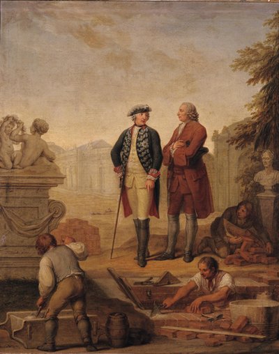 König Friedrich II. von Preußen (1712-86) und der Marquis von Argens (1704-1771) inspizieren den Bau von Sanssouci in Potsdam von Johann Christoph Frisch
