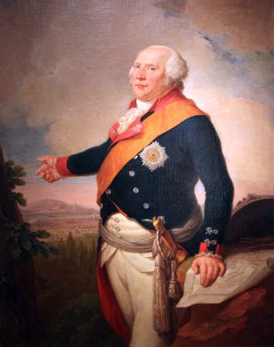 Porträt von König Friedrich Wilhelm II. von Preußen (1744-1797) mit einem Stern des Preußischen Ordens vom Schwarzen Adler, seine linke Hand ruht auf einer Karte von Frankfurt, eine Landschaft mit der preußischen Armee, die außerhalb von Frankfurt lagert von Johann Christoph Frisch