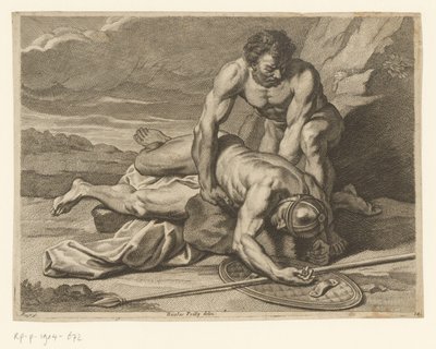 Ein Mann nimmt die Leiche eines römischen Speerträgers in die Arme von Johann Conrad Reiff