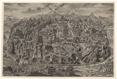 Übersichtskarte in Vogelperspektive von Jerusalem mit Darstellungen der Passion Christi von Johann Daniel Herz (I)