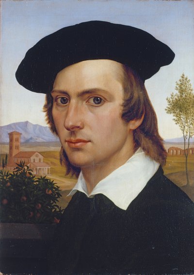 Selbstporträt mit Barett vor einer römischen Landschaft von Johann David Passavant