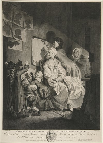 Der Ursprung der Malerei, oder die Porträts à la Mode; veröffentlicht 1767 von Johann Eleazar Schenau