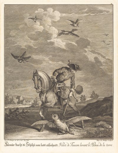 Falkner hebt eine Eule vom Boden auf von Johann Elias Ridinger