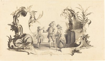 Moderne Kartusche mit einem jungen Paar, das Wein serviert bekommt von Johann Esaias Nilson