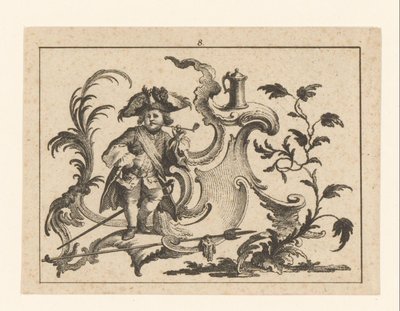 Pfeifenrauchender Mann lehnt an einem Rokoko-Ornament von Johann Esaias Nilson