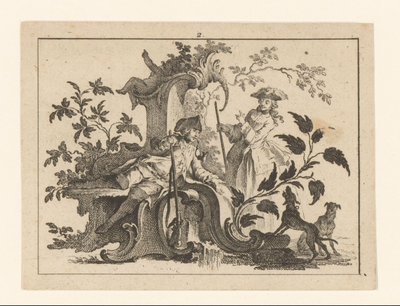 Pfeiferauchender Mann mit Gewehr und Frau mit zwei Hunden auf einem Rokoko-Ornament von Johann Esaias Nilson