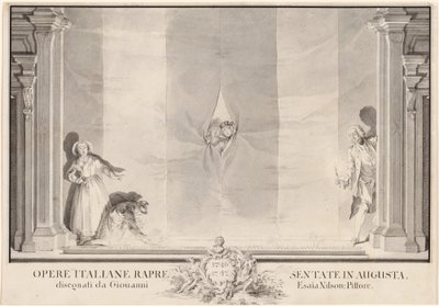 Zwei Schauspieler spähen durch einen Theatervorhang, während andere die Fußlichter vorbereiten von Johann Esaias Nilson