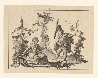 Zittende Frau mit einem stehenden Mann mit Pfeife auf einem Rokoko-Ornament von Johann Esaias Nilson