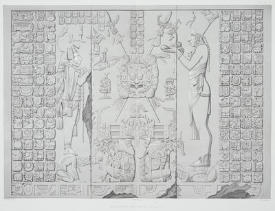 Relief, das einen Priester mit Opfergaben aus dem Heiligtum des Sonnentempels in Palenque darstellt, Tafeln 29 und 30 aus Ancient Monuments of Mexico, graviert von Werner, 1866 von Johann Friedrich Maximilian von Waldeck