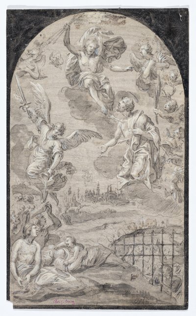 Heiliger bittet Christus, den Blitz nicht auf die Stadt Augsburg zu schleudern, ca. 1501-1600 von Johann Georg Melchior (1625 1705) Schmittner