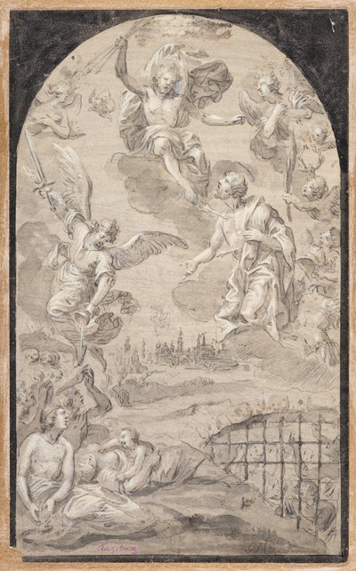 Heiliger, der bei Christus Fürsprache einlegt, um den Blitz nicht auf die Stadt Augsburg zu schleudern von Johann Georg Melchior (1625 1705) Schmittner