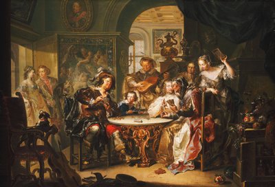 Ein Gentleman betrügt beim Kartenspiel mit einer älteren Dame in einem prächtigen Interieur von Johann Georg Platzer