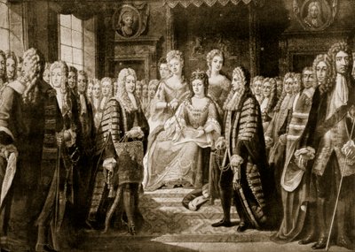 Übergabe der Unionsartikel an Königin Anne, 1706, Illustration aus 