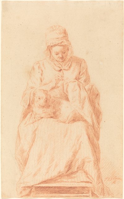 Junge Frau, die mit einem Hund auf dem Schoß näht von Johann Gottlieb Glume