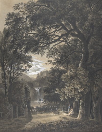 Familie vor einem Denkmal in einer Landschaft mit Wasserfall, 1805 von Johann Heinrich Meyer