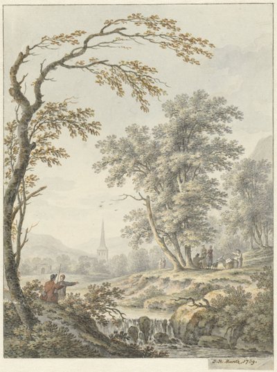 Landschaft mit Wasserfall und in der Ferne eine Kirche von Johann Heinrich Muntz