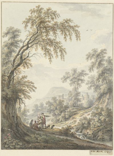 Landschaft mit Wasserfall und in der Ferne ein Schloss von Johann Heinrich Muntz