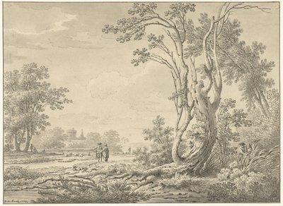 Südliche Landschaft mit Schloss, Vieh und Spaziergängern von Johann Heinrich Muntz