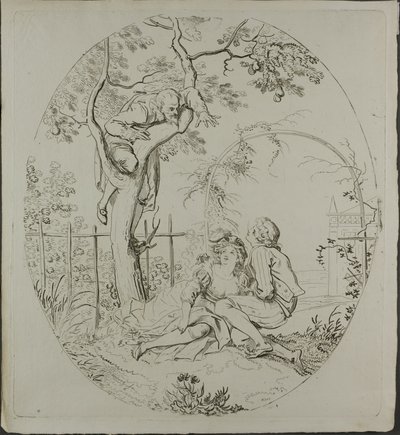 Bärtiger Mann, der Liebende unter einem Laubengang ausspioniert von Johann Heinrich Ramberg