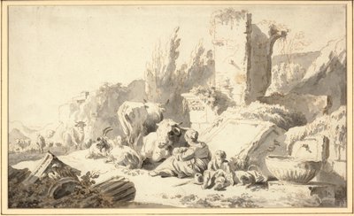 Ein Viehtreiber mit seiner Familie und Vieh neben klassischen Ruinen von Johann Heinrich Roos