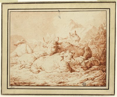 Rinder und Schafe mit Hirten in felsiger Landschaft von Johann Heinrich Roos