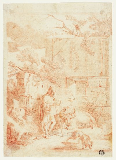 Kuhhirte mit Stier und Hund in Ruinen von Johann Heinrich Roos