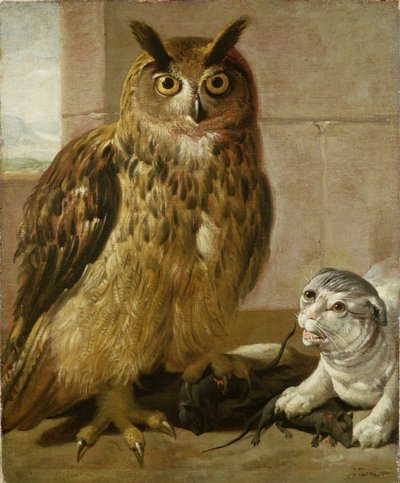 Uhu und Katze mit toten Ratten von Johann Heinrich Roos