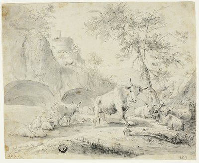Landschaft mit Hirte und Schafen, Ziege, Rindern von Johann Heinrich Roos
