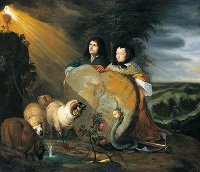Selbstporträt (?) mit seiner Frau und Symbolen des christlichen Glaubens von Johann Heinrich Roos