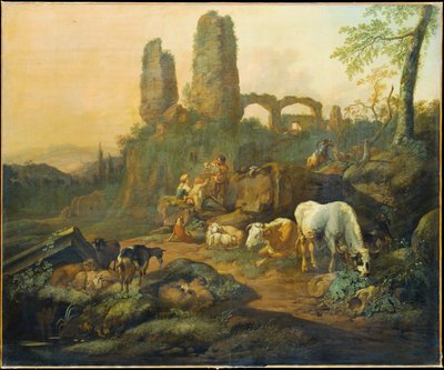 Hirtenfamilie ruht nahe einer antiken Ruine von Johann Heinrich Roos