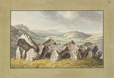 Ein prähistorischer Steinkreis auf einem Hügel, eine weite Landschaft dahinter, Mitte des 18. bis Anfang des 19. Jahrhunderts von Johann Heinrich Wilhelm Tischbein