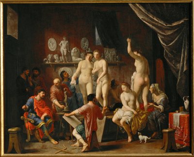 Ein Künstleratelier mit fünf weiblichen Modellen von Johann Heiss