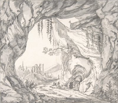 Gebirgige Landschaft mit Ruinen einer Burg und drei Männern in einer Höhle..., spätes 18. - frühes 19. Jahrhundert von Johann Huber
