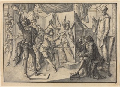 Mezzetin „malt“ ein Porträt von Amor, indem er die Leinwand schneidet, um Harlekin zu enthüllen von Johann Jacob Schubler