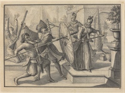 Pantaloon und der Doktor kämpfen mit Columbine und Brigatella im Garten von Johann Jacob Schubler