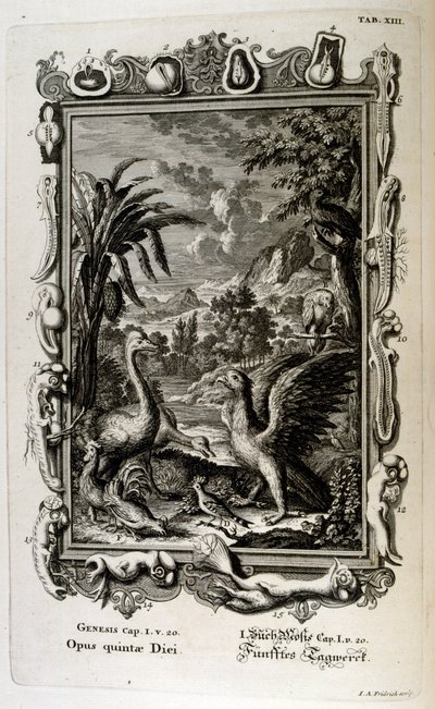Die Schöpfungsgeschichte der Genesis ist der Schöpfungsmythos sowohl des Judentums als auch des Christentums. Der fünfte Schöpfungstag: Tiere werden erschaffen von Johann Jakob Scheuchzer