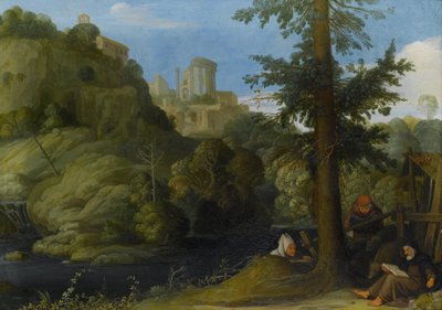 Ein Einsiedler mit zwei Reisenden in einer bewaldeten Landschaft von Johann König