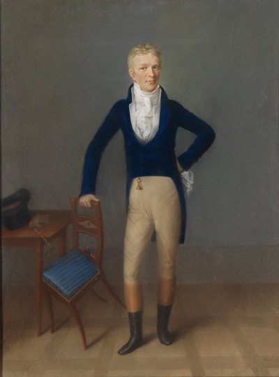 Bildnis eines blonden Herrn in ganzer Figur in Reitkostüm, auf eine Sessellehne gestützt von Johann Lorenz Kreul