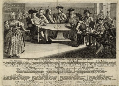 Gespräch zwischen 7 am Krieg beteiligten Nationen in einem Café, 1757 von Johann Lorenz Rugendas the Elder