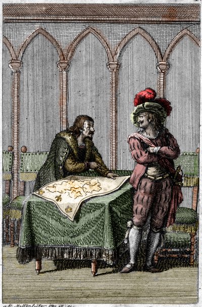 Kaiser Albrecht I. von Habsburg studiert die Karte von Frankreich zur Zeit des Konflikts zwischen Papst Bonifatius VIII. und König Philipp IV. von Frankreich von Johann Michael Mettenleiter