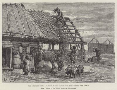 Die Hungersnot in Russland, Bauern nehmen Stroh von den Dächern, um Vieh zu füttern von Johann Nepomuk Schonberg