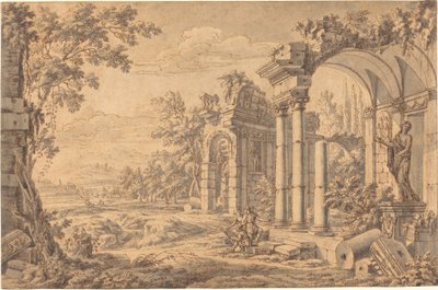 Landschaft mit einem Zeichner unter antiken Ruinen von Johann Oswald Harms