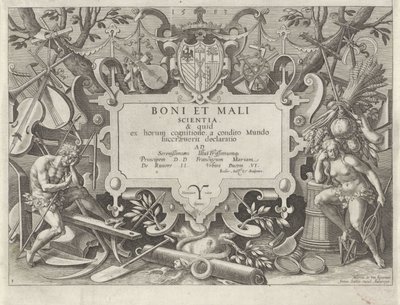 Ornamentaler Rahmen mit Adam und Eva (Geschichte der Familie Kains / Über gute und schlechte Werke) (Boni et mali scientia) von Johann Sadeler (I)