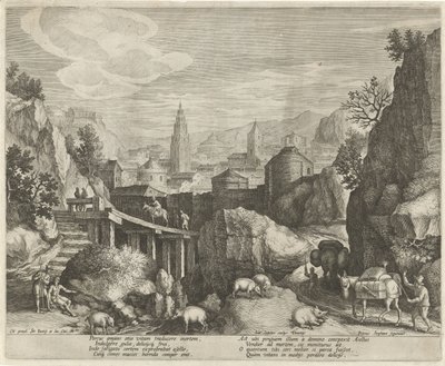 Felsenlandschaft mit der Fabel vom Esel und dem Wildschwein von Johann Sadeler (I)
