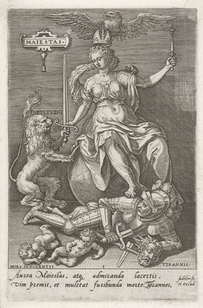 Würde (Majestas) überwindet Tyrannei (Tirannis) Die Tugenden überwinden die Laster (Serientitel) von Johann Sadeler (I)