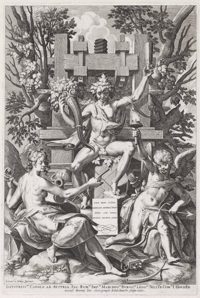 Bacchus auf einem Fass zwischen Amor und Musik von Johann Sadeler I