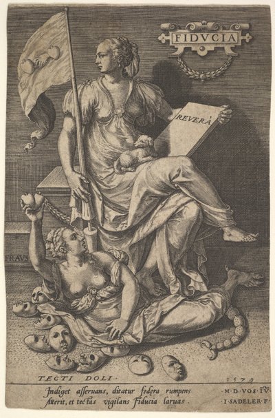 Fiducia, eine sitzende Frau hält ein Buch und ein Banner, während sie ihren Kopf von einem nackten Mann abwendet von Johann Sadeler I