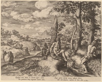 Landschaft mit drei nackten Männern und einem Hund von Johann Sadeler I